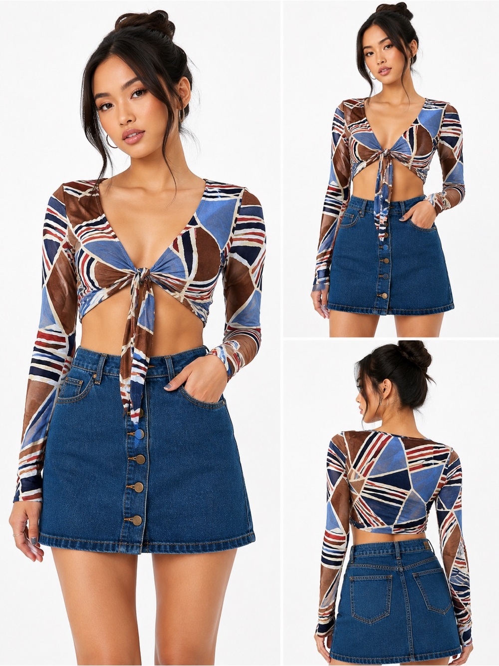 NIC+ZOE Brown and Blue Geo Tie-Front Crop Top